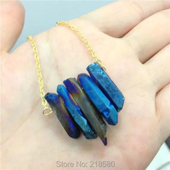 SN 053 Raw Blue Rainbow Aura кварцевое ожерелье с шипами Грубая Druzy стрелка точка Бохо