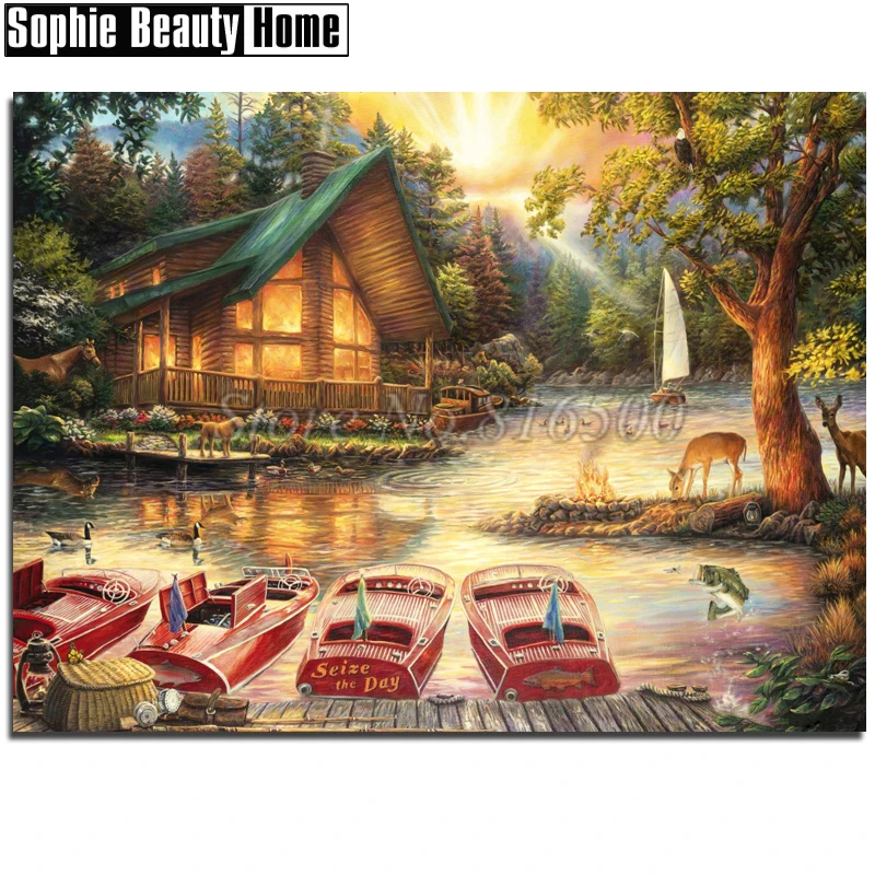 DIY Diamond Painting Cross Stitch Mosaic Boat&ampHouse By Water Full Embroidery Christmas Decor for Home 18A137 | Дом и сад
