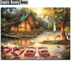 Алмазная живопись сделай сам, вышивка крестиком, Алмазная мозаика, лодка и дом по воде, полный семейный Декор для дома 18A137