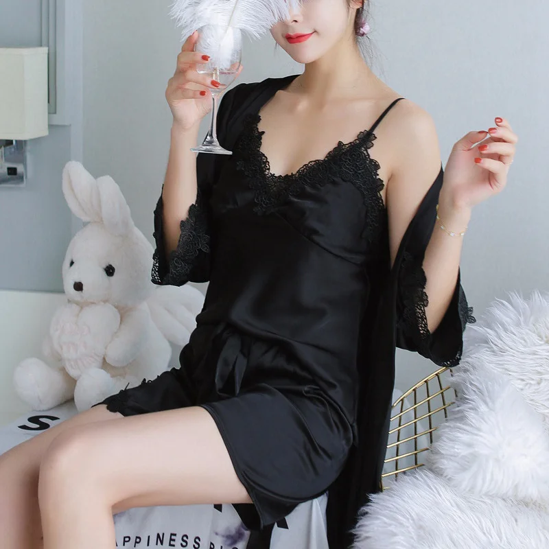 Женское сатиновое кимоно пижама Шорты пижамные наборы 3 шт. шелковые ночнушки