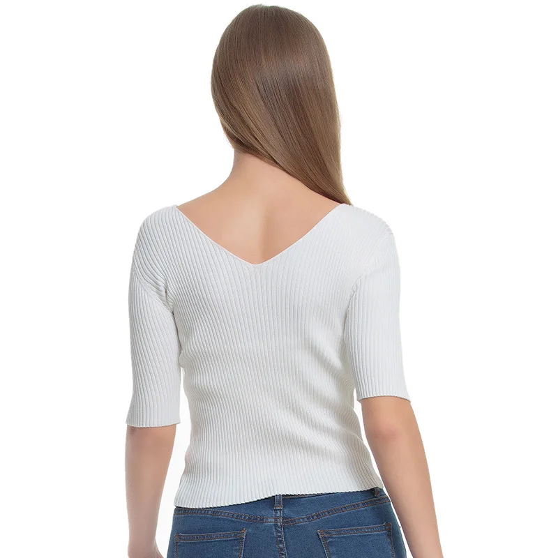 Poshcoco Women All Match Slim Knitted Sweaters 2017 Autumn V Neck Short Sleeve Knit Backless Thin Sweater Mujer Pullovers Female | Женская