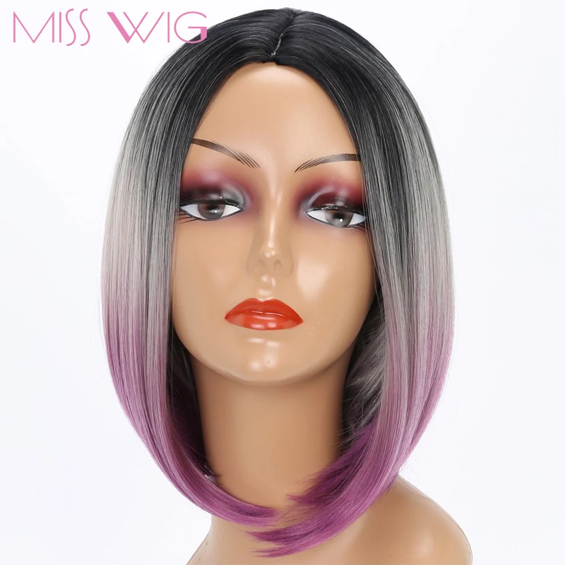 Синтетический парик MISS WIG черный Омбре красный синий 12 дюймов короткие прямые