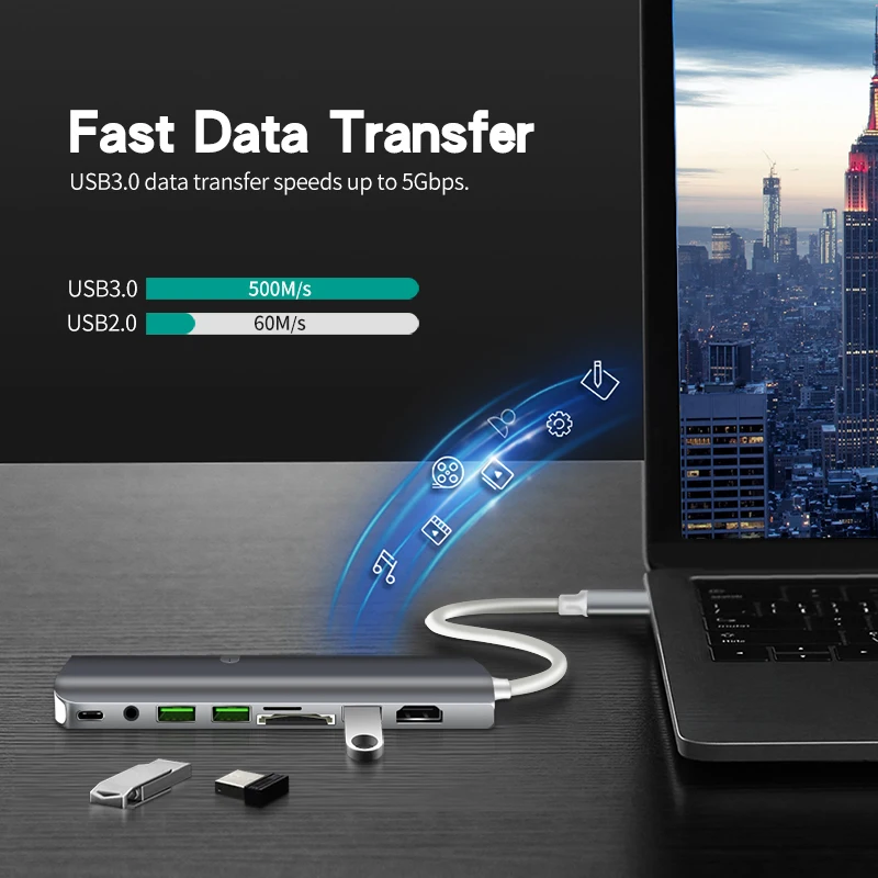 USB C концентратор, 9 в 1 многопортовый концентратор, Тип C концентратор с HDMI RJ45 USB3.0 PD SD TF 3.5AUX для ноутбука, больше устройств с интерфейсом type C