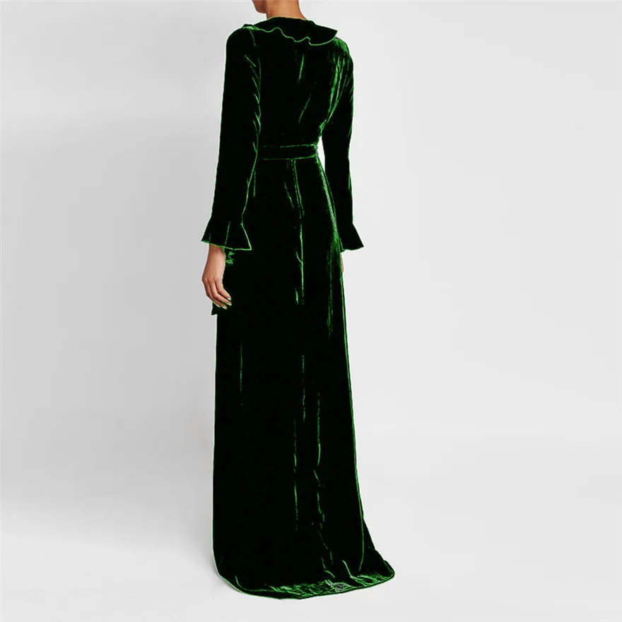 Женское платье с длинным рукавом и v образным вырезом Золотое бархатное