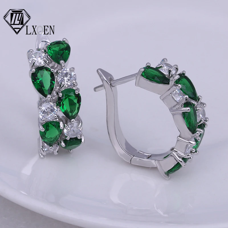 

LXOEN Ethnic Green Zircon Round Hoop Earrings for Women Party Silver Color Drop Water Hoops Earrings Jewelry brinco Gift bijoux