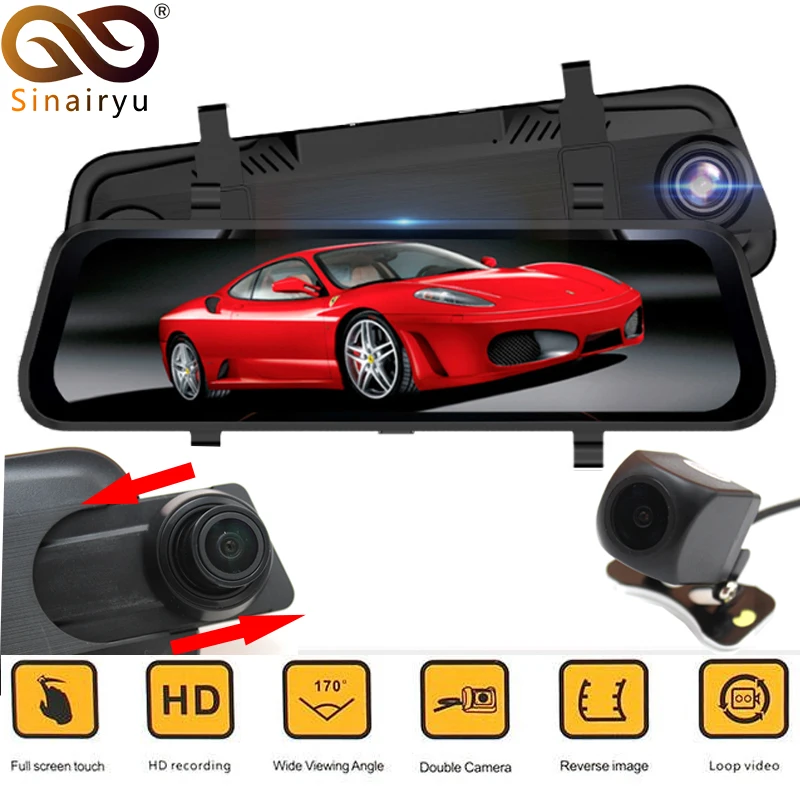 Автомобильный видеорегистратор с зеркальным монитором на сенсорном IPS-экране 9,68 дюймов разрешением 1920*1080P и двумя камерами с ночным видением Starlight для записи видео сзади и спереди.