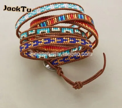 

colorful seed beads natural brown leather wrap bracelet for woman