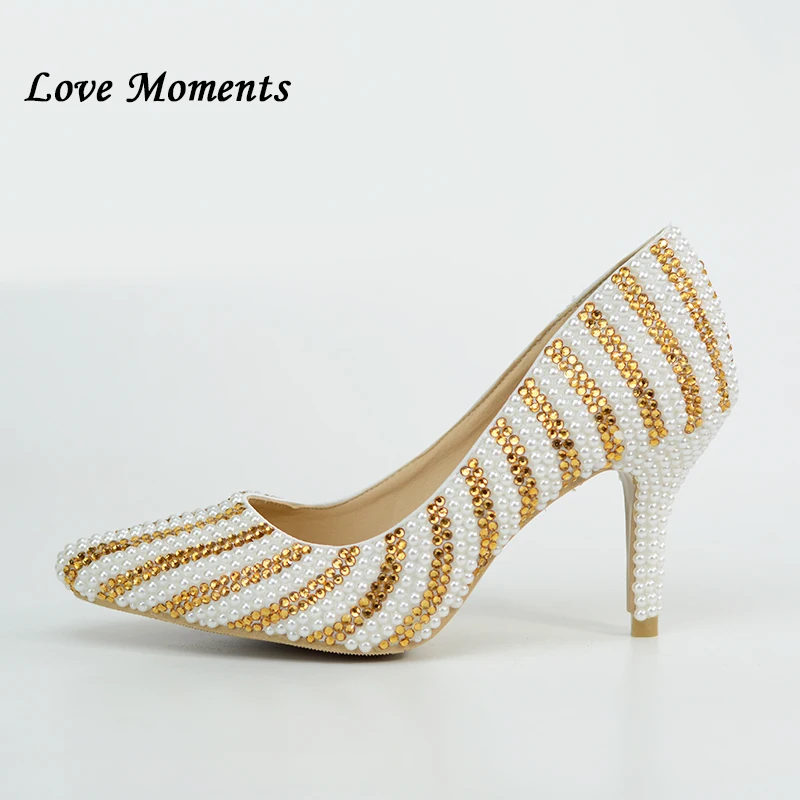 Love Moments/Летняя модная обувь с белыми бусинами и золотыми кристаллами Женские