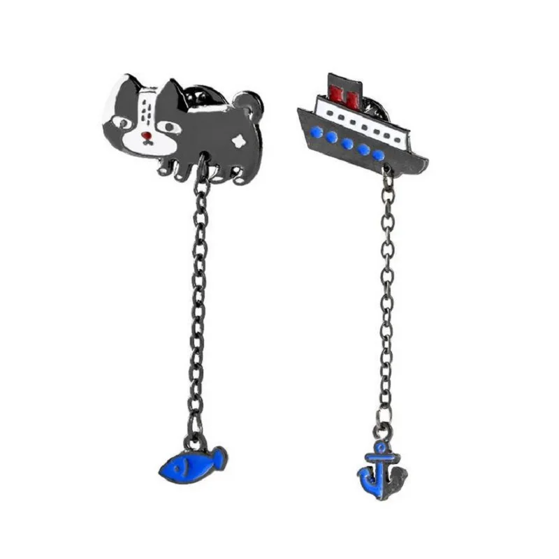 

2 pcs/set Cartoon Enamel Chain Style Brooches Cat and Fish/Ship and Anchor Brooch Fashion Women Jeans Jackets Badge Corsage