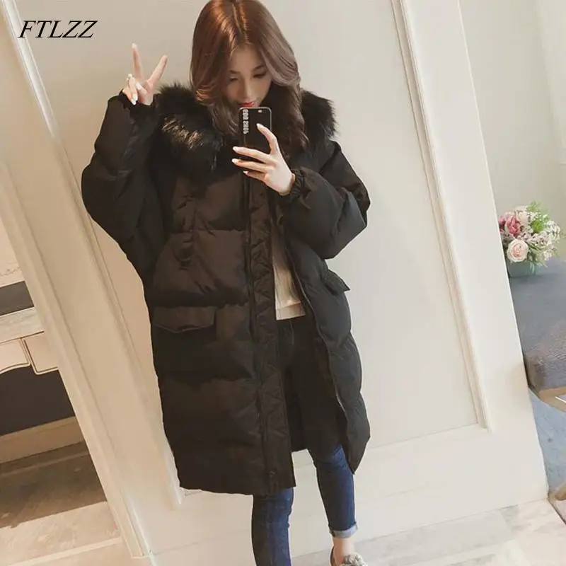 FTLZZ Новая зимняя женская пуховая хлопковая куртка пальто с капюшоном Теплый большой меховой воротник длинные зимние парки Женская Толстая Верхняя одежда - Цвет: Черный