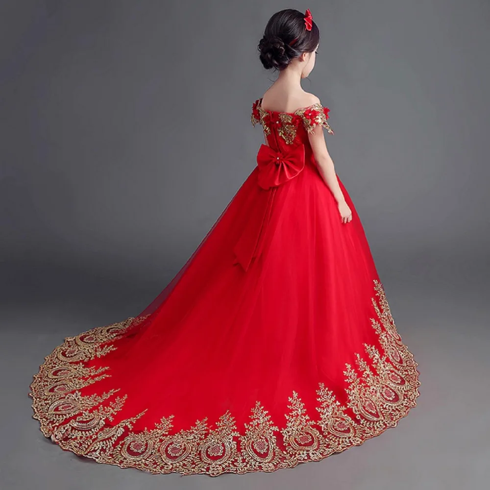 Exquisite Ball Gown Red Long Trailing Flower Girl Dresses for Weddings kids Elegant Gold Wire Birthday Pageant Dress Custom Made | Детская
