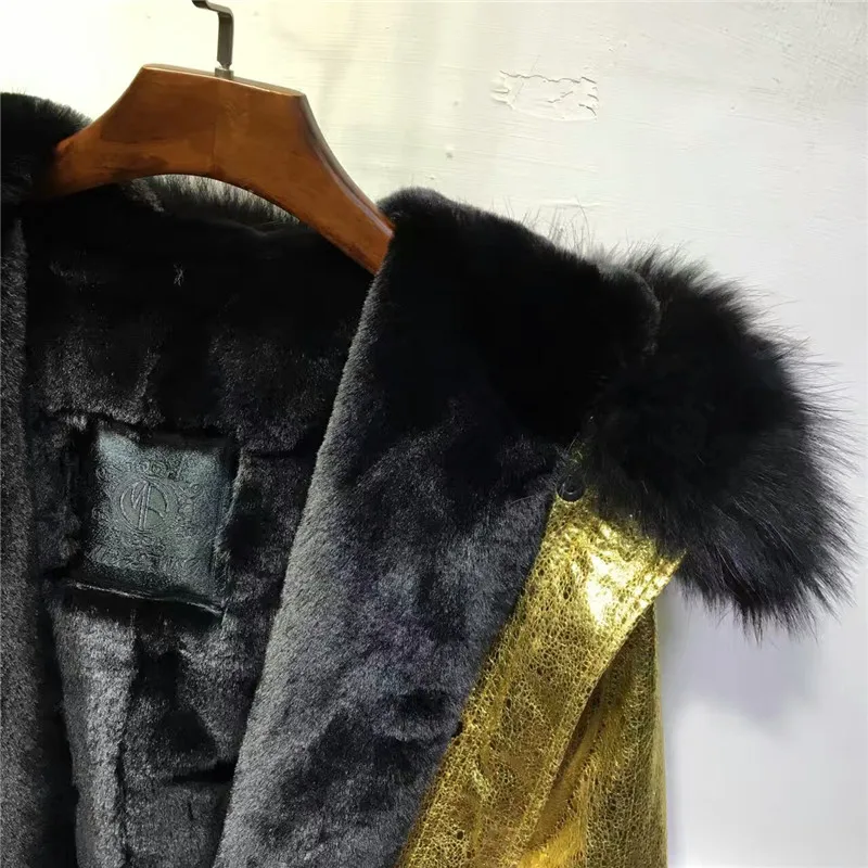 Длинная кожаная куртка золотистого цвета черная зимняя меховая парка на молнии с