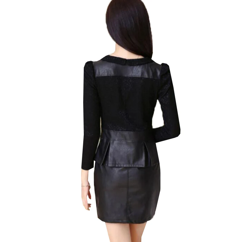 Женское платье с длинным рукавом кружевное в стиле пэчворк из искусственной кожи