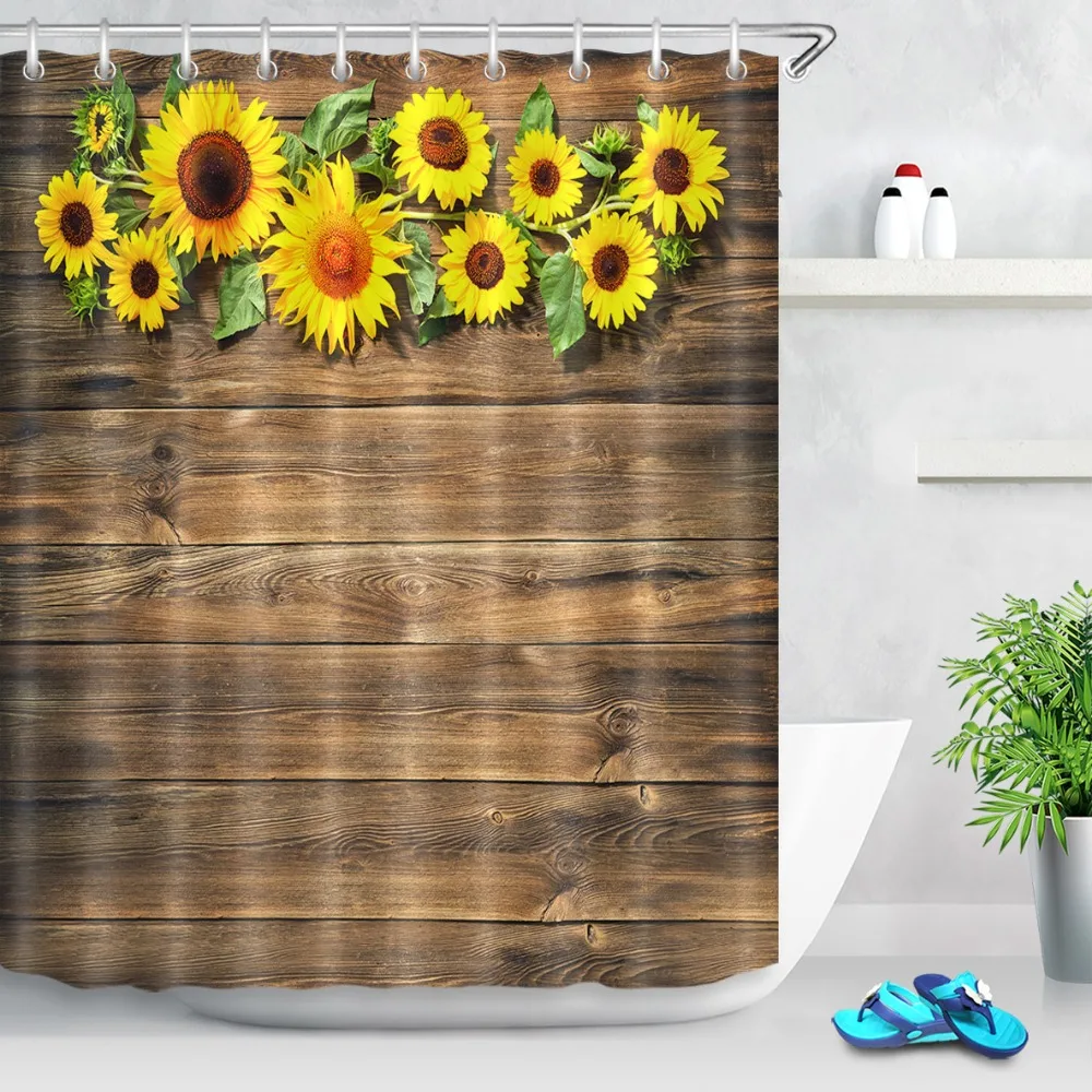 LB осенний фон подсолнухи ретро деревенская деревянная доска занавеска для душа