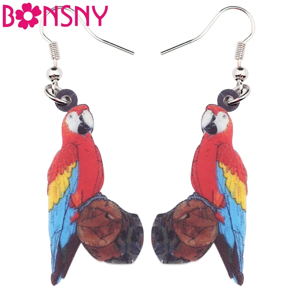 Bonsny акриловые тропические джунгли Попугай деревянные серьги большие длинные