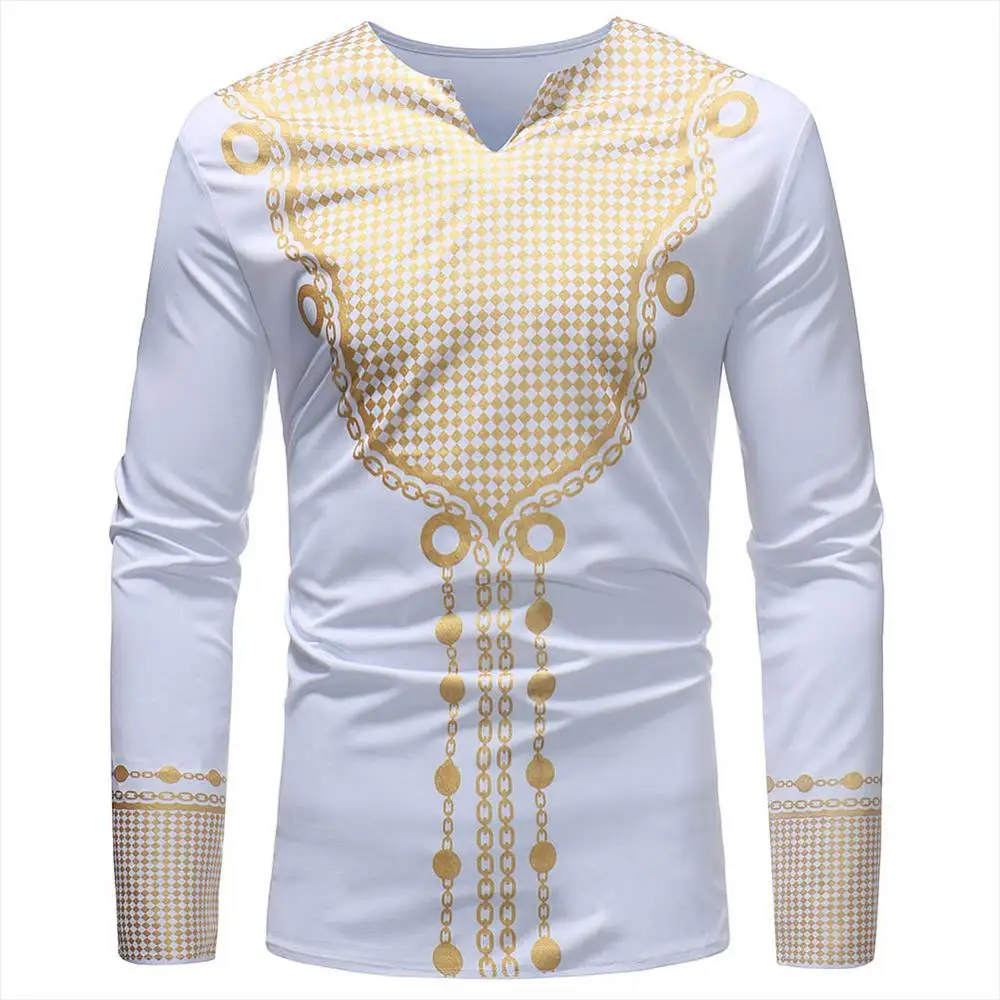 White SUNGIFT Африканский Традиционный Мужской Топ Дашики с длинными рукавами афро-стиль Африканский узор плюс размер футболка мужская одежда с причудливым рисунком - Цвет: White