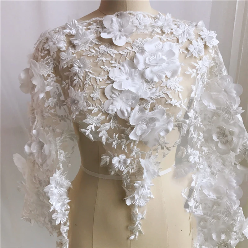 

1Yardx53cm Beaded Lace Fabric Lace Trim Vintage Mesh 3D Flower Off White Accessories Pearl Trim Braid Lace Applique High Quality