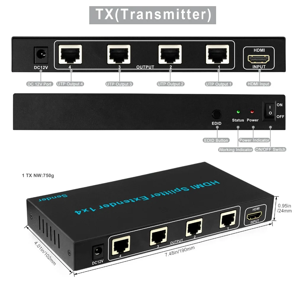 Aikexin 4 порта HDMI удлинитель 60 м 1X4 сплиттер по CAT5e/CAT6/CAT7 Ethernet кабель до to196ft (1 TX +