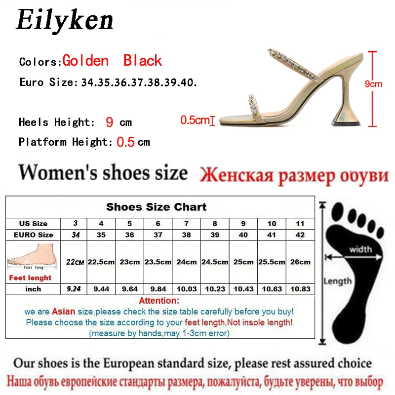 Eilyken 2021 Новая мода стразы золотой черный Шлепанцы без задника с открытыми