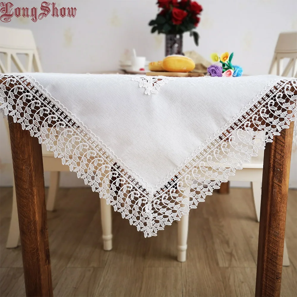 

Creative Patchwork Design 85-90cm Square Solid White Color Wide Embroidered Lace Thick Polyester Tablecloth