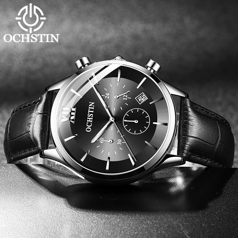 Мужские спортивные кварцевые часы OCHSTIN водонепроницаемые кожаные с хронографом