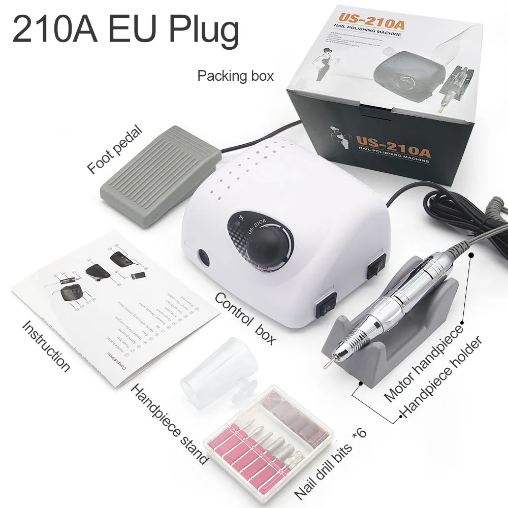 210A EU Plug LKE, 35000-20000 ОБ/мин, электрические сверла для ногтей, набор, маникюрная машина, мельница для педикюра, аксессуары, крепкий аппарат, ручка для маникюра - Цвет: 210A EU Plug