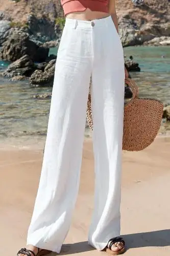 

Korean New Cotton Linen Wide Leg Pants Loose Casual Brief High Waist Trousers Women Fashion Zip Vintage Pantalon Mujer