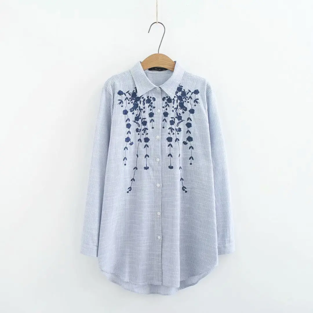 Большие размеры, хлопок, вышивка, свободные женские рубашки, новинка, Весенняя повседневная женская мягкая блуза с длинным рукавом, темно-синяя белая, женская, негабаритная