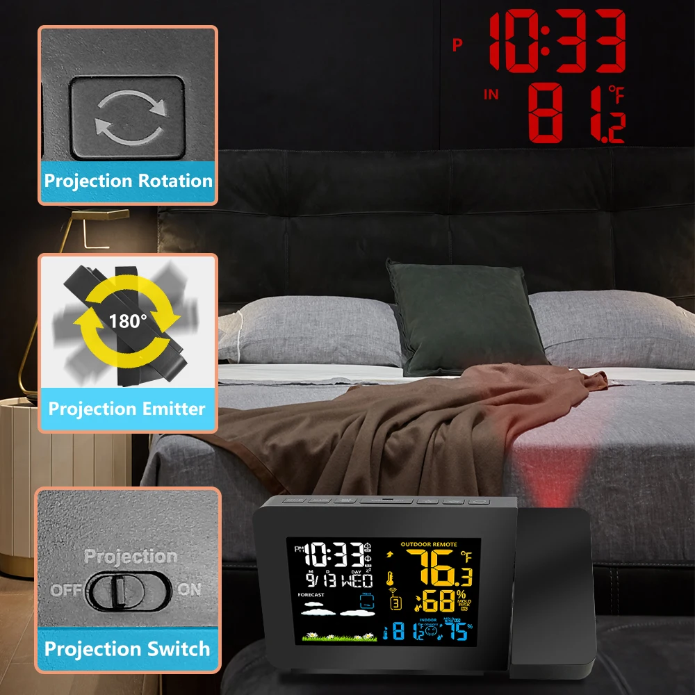 Проекционная метеостанция с 3 наружными датчиками будильник Цветной подсветкой
