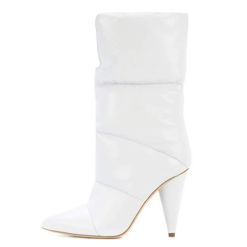 New spike high heels snow boots women pointed toe mid calf slip on winter shoes white black runway lady party dress boots