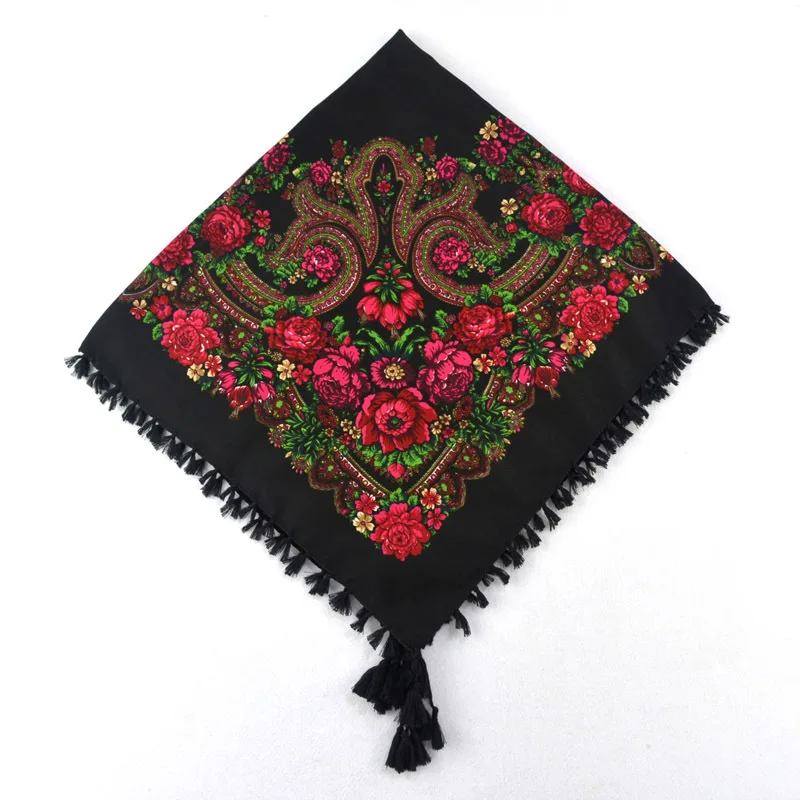 Модный женский шарф шаль в русском стиле винтажный цветочный принт с кисточками