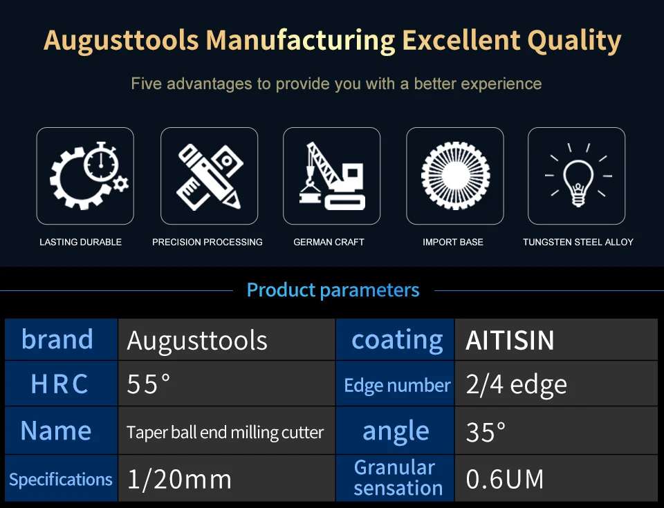 Augusttools коническая Концевая фреза HRC 55 Вольфрамовая твердосплавная фреза 3,175 мм 4 мм 6 мм с шариковым носом коническая концевая фреза для дерева и металла