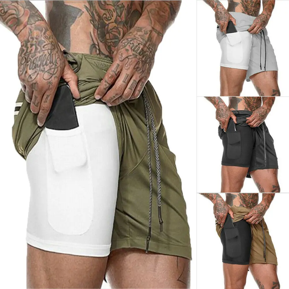 Мужские шорты 2 в 1 для фитнеса бега камуфляжные быстросохнущие тренировочные