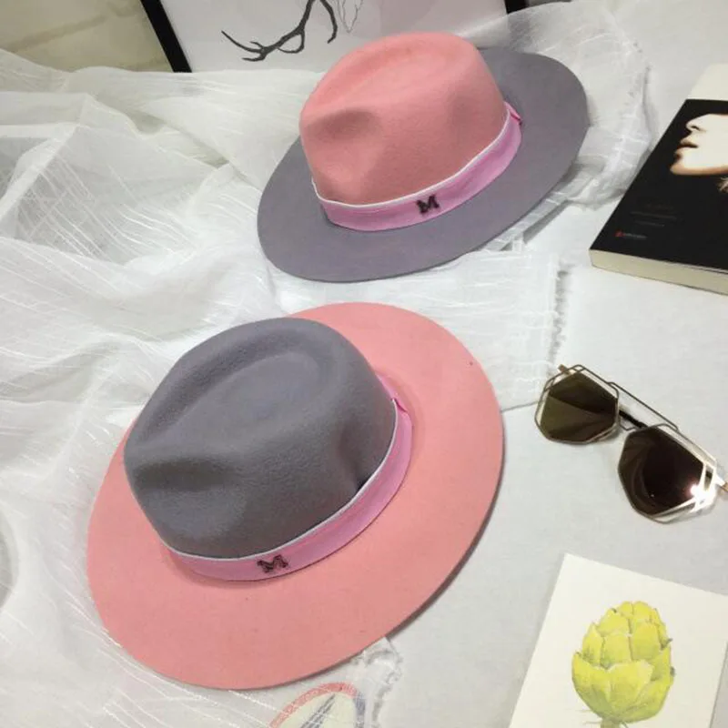 Элегантные зимние женские букву м 100% шерсть Джаз Fedoras Hat розовый шляпа для женщин