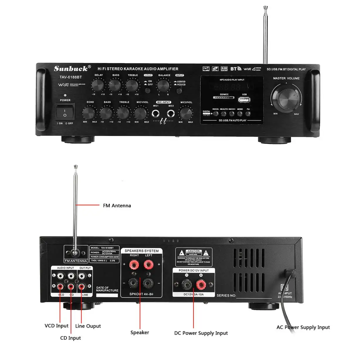 Мощный 2000 Вт 110 В 220 в bluetooth 4 Ом стерео аудио Мощность HiFi усилитель караоке усилитель+ RC Поддержка 2 микрофона FM Усилитель мощности