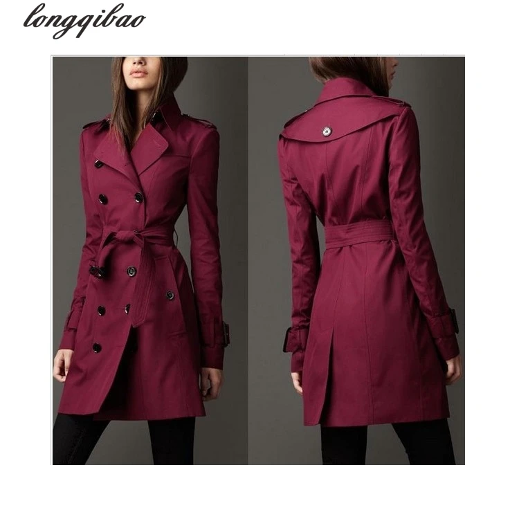 Женский двубортный Тренч однотонный Длинный Облегающий с секциями в европейском