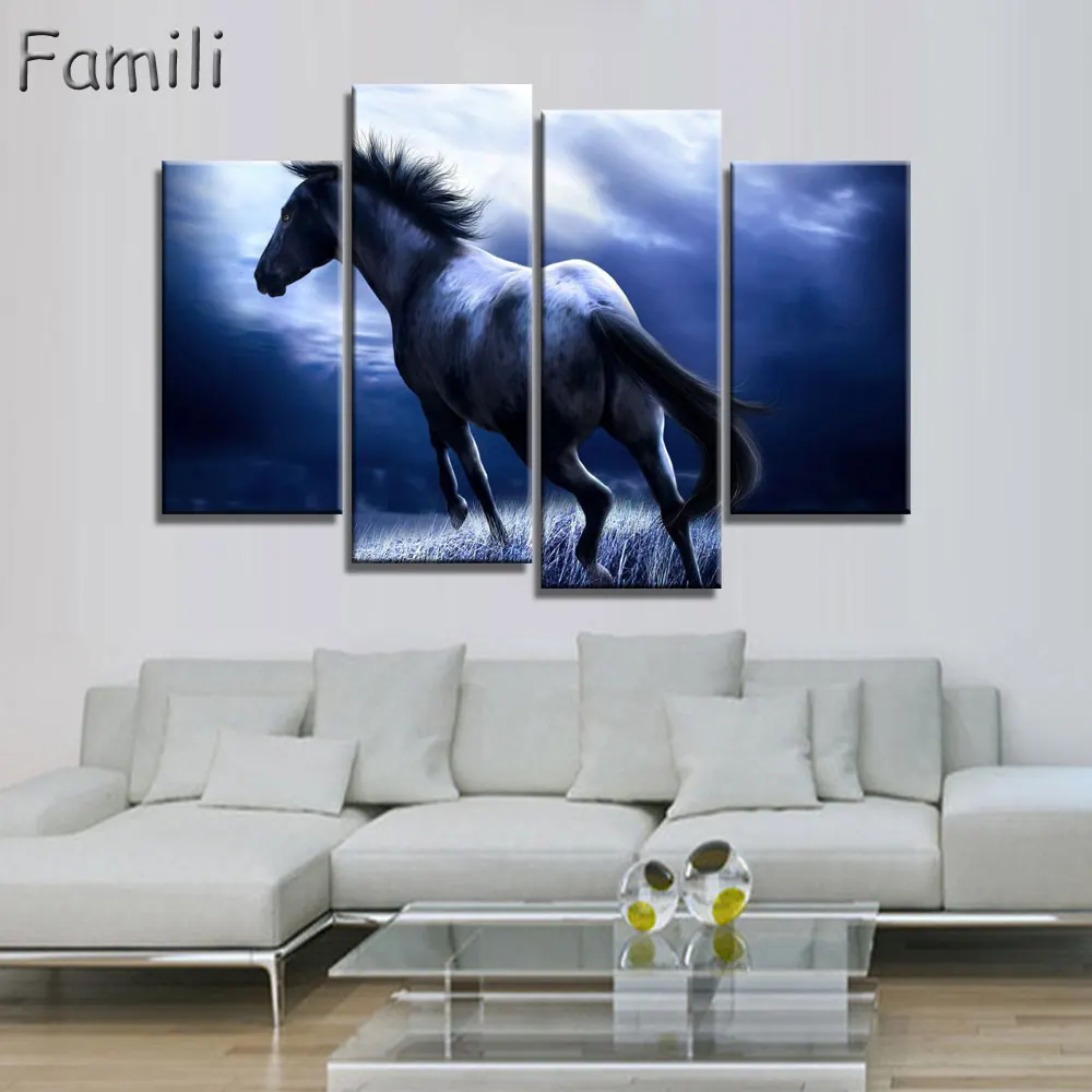4Pcs/Set Sunset Horse Canvas Painting Animal Poster Vintage Grassland Wall Christmas Pictures For Home Decor Cheap A |