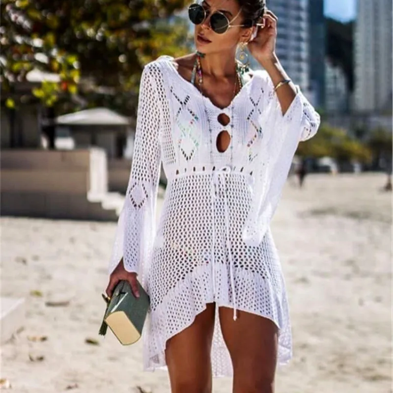 

2019 Hollow Long Beach Dress Bikini Cover Up Knit Bell Sleeve Beach Woman Swim Wear Bathing Suit Cover Ups Swim Suit Beach Tunic