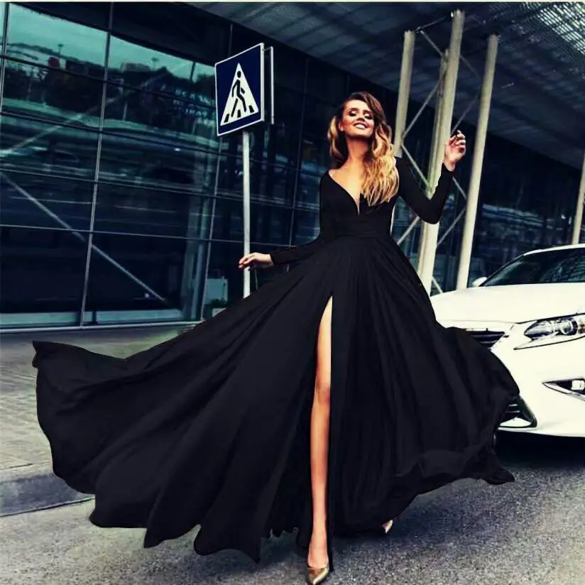 New Solid Color High Split Big Swing Dress Sexy Deep V Long Sleeve | Женская одежда