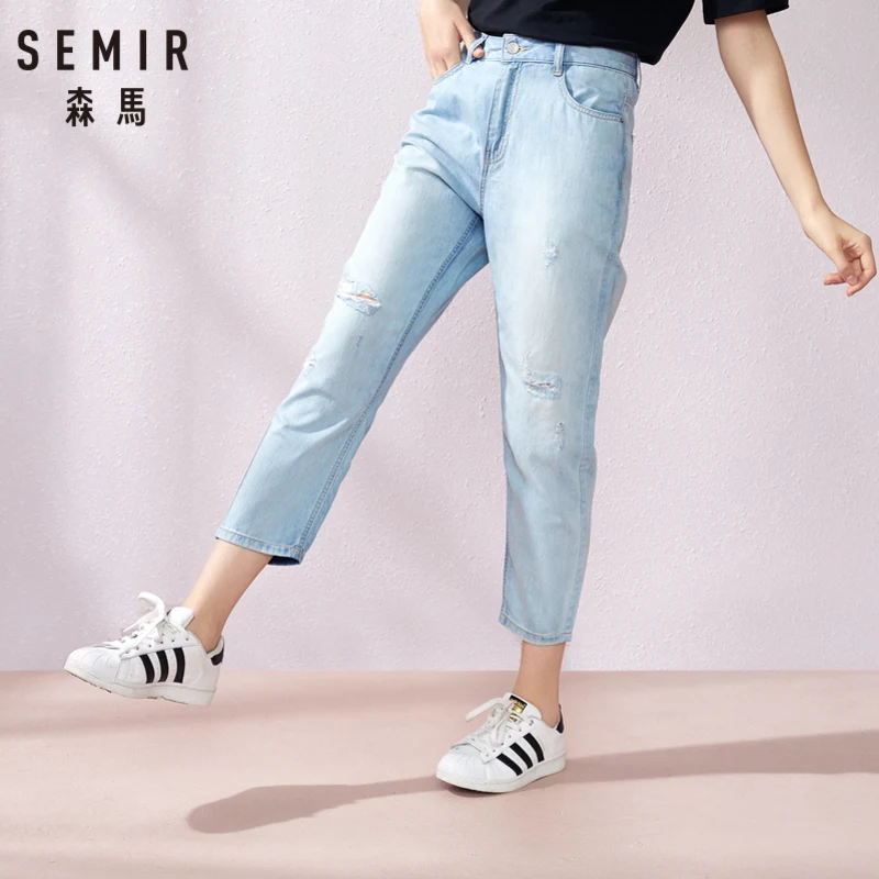Женские джинсы с дырками SEMIR черные рваные брюки в стиле бойфренда лето 2019 |