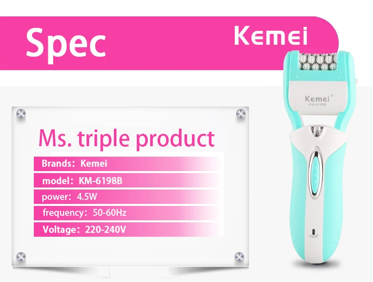 Kemei 3 в 1 перезаряжаемый Дамский эпилятор для удаления огрубевшей кожи бритва