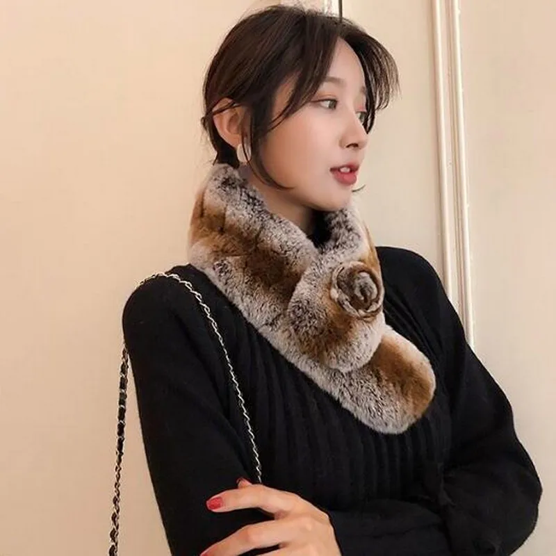 Glaforny 2019 New Style 100% Real Rex Rabbit Fur Scarf with Flower Super Warm Winter Mufflers High Quality Chinchilla Rings |