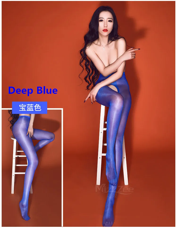 Deep blue 3D блестящие глянцевые масляные чулки Высокая талия открытая промежность формирующие колготки леггинсы сексуальное нижнее белье женские чулки - Цвет: Deep blue