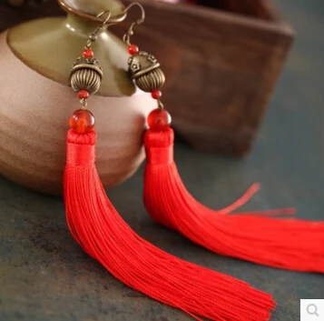 Desert wind Chinese workshop classic national red tassel earrings jewelry exaggerated female long dress personality | Украшения и