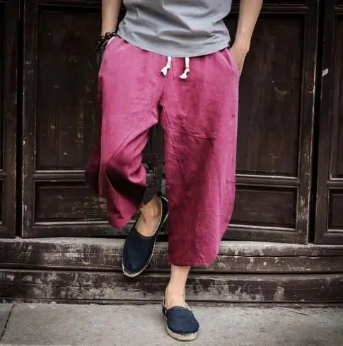 Красный Man Linen Cropped Cross Pant Trouser Men Casual Wide-Legged Bloomers Summer Male Traditional Nepal Trousers - Цвет: Красный