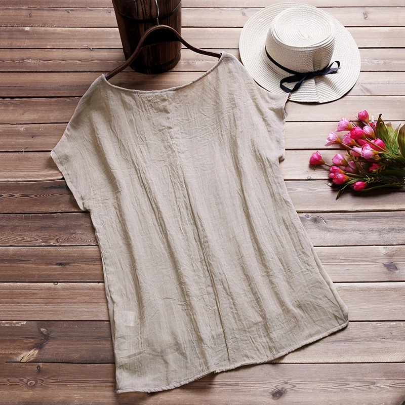 

2021 Summer ZANZEA Women Blouses Retro O Neck Sleeve Baggy Party Cotton Linen Tops Loose Casual Shirt Plus Size Blusas