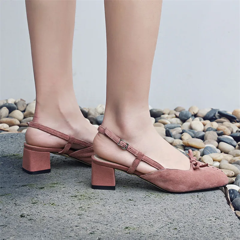

CONASCO 2021 New Cute Women Sandals Pumps Suede Leather Summer Square Heels Butterfly-Knot Wedding Party Thick Heels Shoes Woman