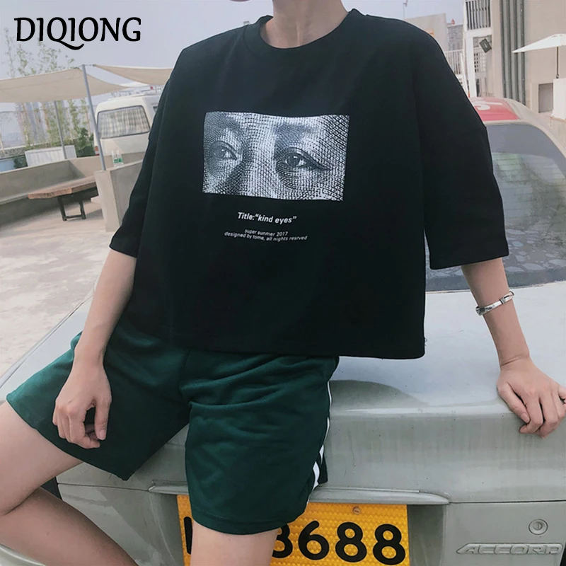 Diqiong футболки Забавный принт летняя футболка для женщин сплошная Топы с