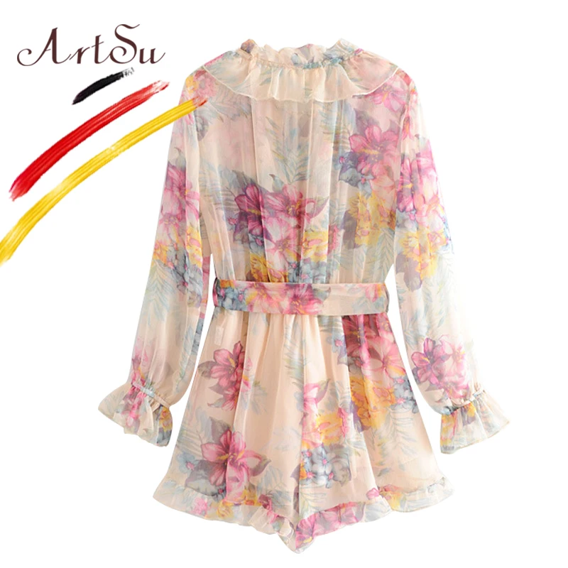 Женский Короткий комбинезон ArtSu с тропическим цветочным принтом длинным рукавом