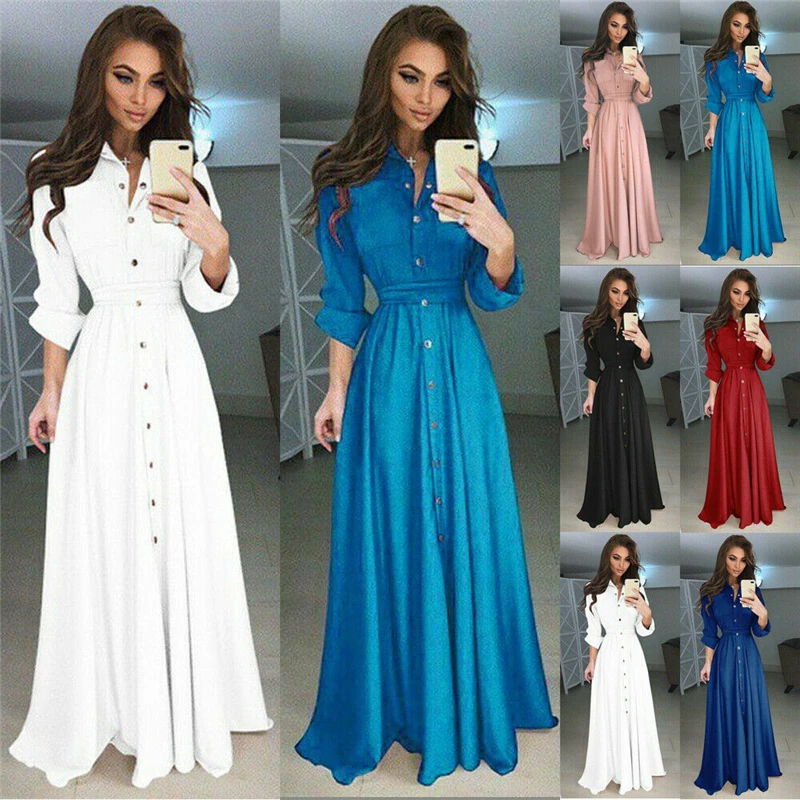 2019 New Fashion Women Long Sleeve Boho Button Dowm Maxi Dress Evening Party Summer Casual Loose Shirt | Женская одежда